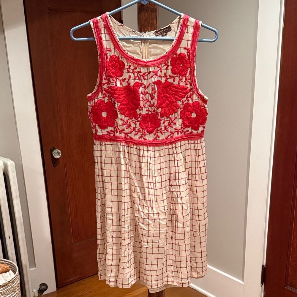 Vineet Bahl Embroidered Floral Bird  Sleeveless Dress in Red and Cream Size SP